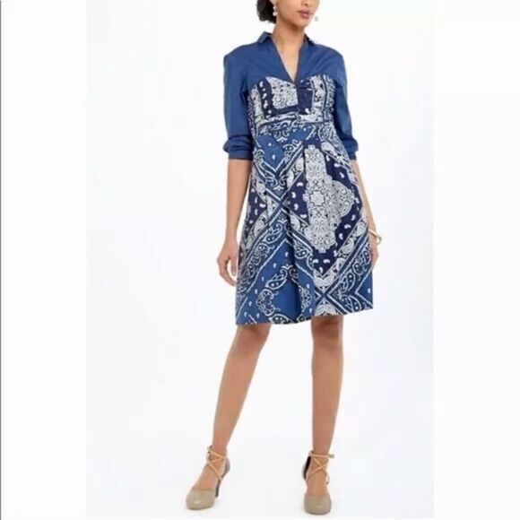 Anthropologie Holding Horses Blue Flared Bandana Shirtdress Size 0 - Picture 1 of 12